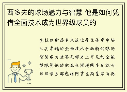 西多夫的球场魅力与智慧 他是如何凭借全面技术成为世界级球员的